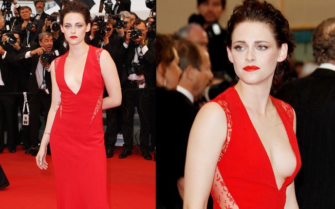 Kristen Stewart quase mostra demais com seu decote em um vestido vermelho 