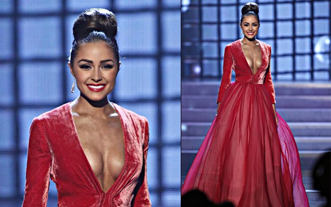 Olivia Culpo venceu o Miss Universo usando um vestido Georges Hobeika com um generoso decote