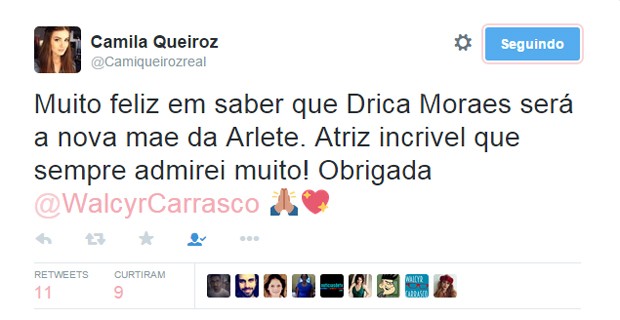 Em post no Twitter, Camila Queiroz comemora escalação de 'nova mãe' (Foto: Reprodução)