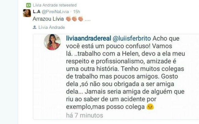 Livia Andrade rebate afirmações de Helen e ainda insinua que ela teria dado risada de seu acidente de carro