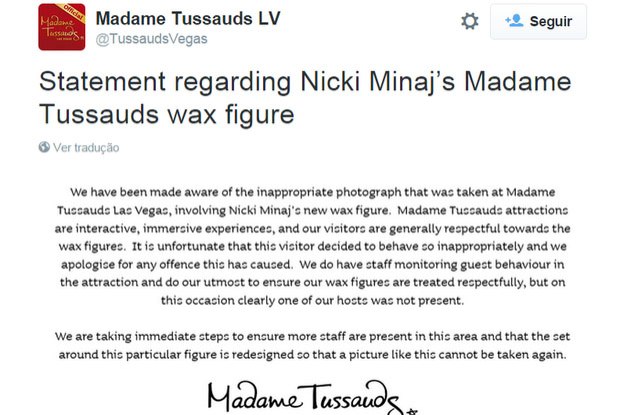 Museu de cera Madame Tussauds em comunicado no Twitter