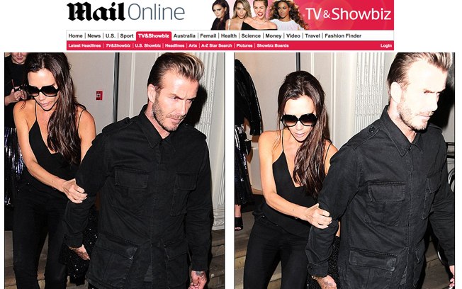 Victoria Beckham saindo da festa de sua própria grife com o marido, David