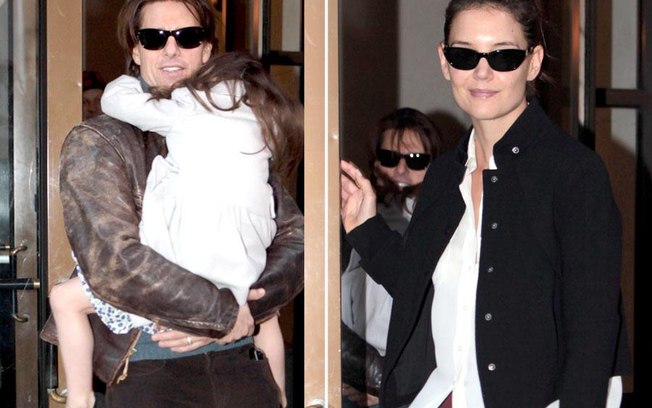 Tom Cruise, Katie Holmes e Suri foram clicados deixando o apartamento da família em Nova York, e depois seguiram para jantar no luxuoso Hotel Plaza