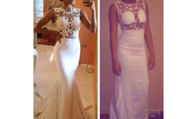 À esquerda%2C a foto do vestido no site de compras%2C à direita%2C o modelo que chegou para a compradora