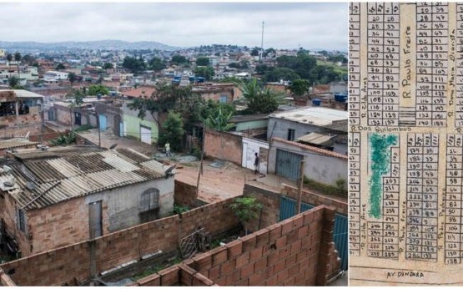 Vista geral da ocupação Dandara%2C em Belo Horizonte%2C e detalhe do planejamento de ocupação do solo da área%2C feito por equipes da UFMG e PUC-MG com lotes de tamanhos iguais