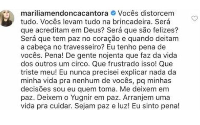 Marilia Mendonça manda recado para pessoas que inventaram fofocas sobre seu noivado e pede que a deixem em paz