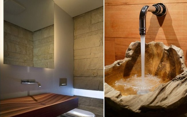 A madeira é uma ótima opção para dar um toque de spa ao banheiro, desde em um estilo mais 