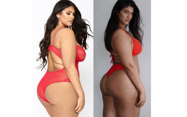 A modelo plus size La’Tecia publicou uma comparação de sua foto com edição e sem para lembrar as mulheres da realidade
